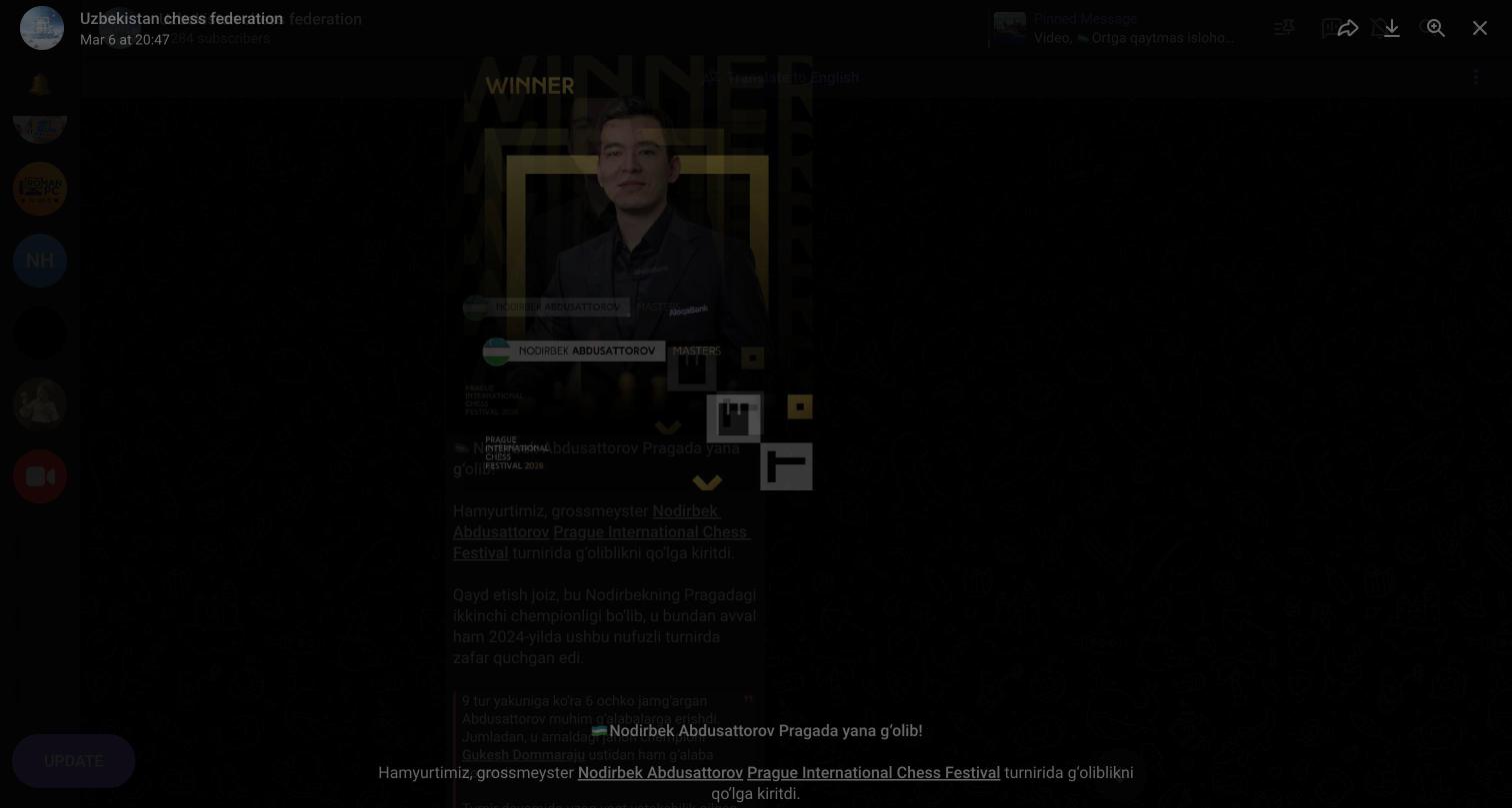 Нодирбек Абдусатторов победил на Prague International Chess Festival 2026